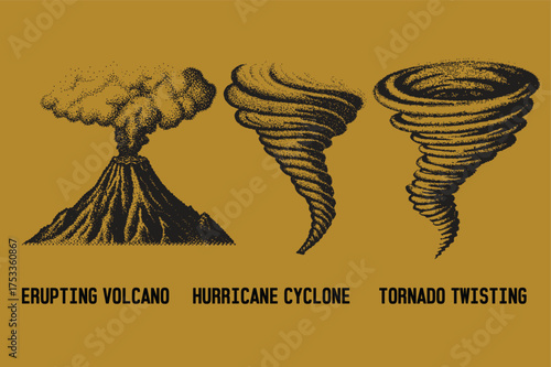 retro y2k stipple design cyclone, twisting, volcano, collage element vector illustration. dotted mountain range, pointillist effect, retro halftone landscape, retro artwork, winter landscape