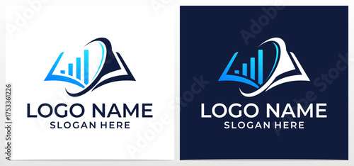 Publisher book logo vector with rising chart elements. Higher education book logo illustration.