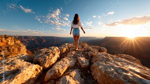 A stunning silhouette of a woman standing on the edge of a rocky outcrop, gazing at breathtaking Canyon views as the sun sets, embodying a sense of adventure and beauty.