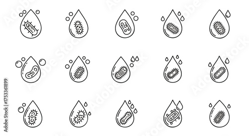 A set of black and white illustrations of water droplets with various seeds or grains inside on a white background.