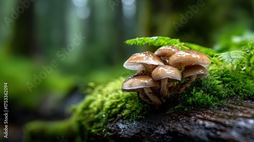 A serene arrangement of mushrooms thriving on a mossy log creates a magical ambiance in a lush green forest, exemplifying nature's beauty and complexity.
