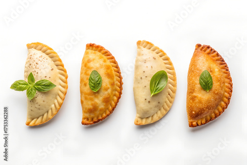 Variety of homemade empanadas with basil leaves on a white background