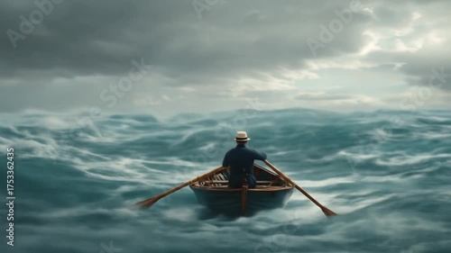Person rowing a boat on rough seas under a stormy sky