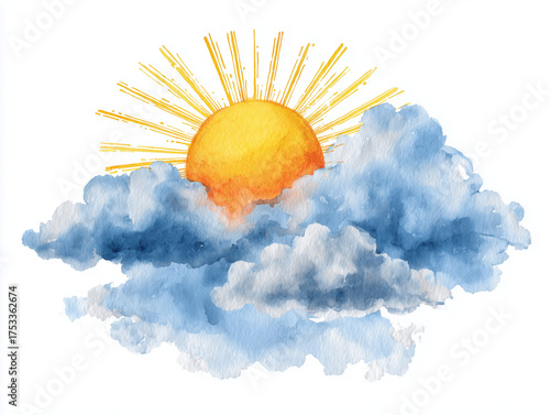 Warm sun appearing from behind watercolor clouds