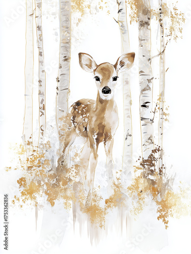 Fawn standing in birch tree forest watercolor illustration