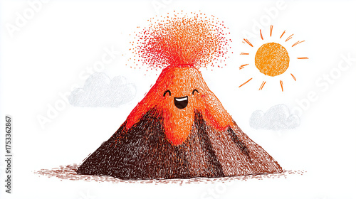 Happy cartoon volcano erupting under a bright sun