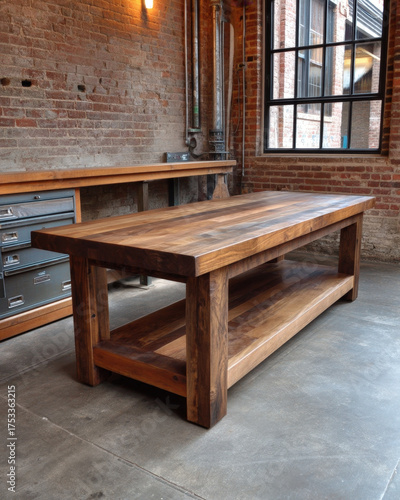 Wallpaper Mural Clean wooden workbench with closed tool chest and empty wall space in workshop Torontodigital.ca