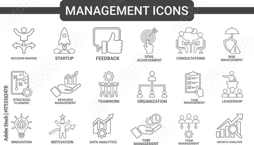 Project management Line art icons set, such as collaboration, workflow, milestones, deadlines and more. Vector illustration. Easily changes to any color.