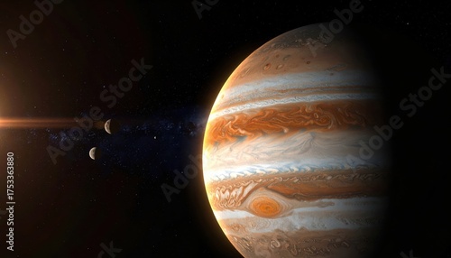 Realistic view of the planet Jupiter and its moons in deep space