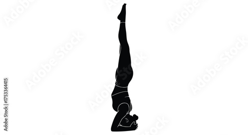 Yoga Headstand Pose Silhouette. Woman practicing inversion for balance, strength, and wellness. Minimalist design.