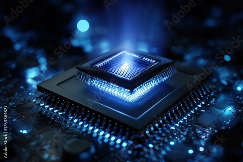 glowing blue microchip on a futuristic circuit board, symbolizing artificial intelligence, advanced computing power, data processing, and the innovation driving modern digital technology
