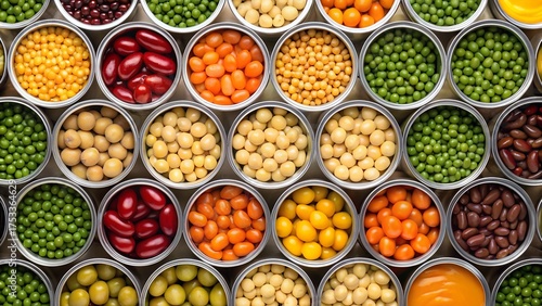 Canned food variety colorful assortment of vegetables and beans in metal containers