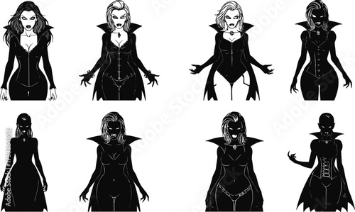 Stylized Female Vampire Characters in Gothic Outfits and Dramatic Poses – Halloween Vector Set Featuring Silhouettes and Detailed Variations