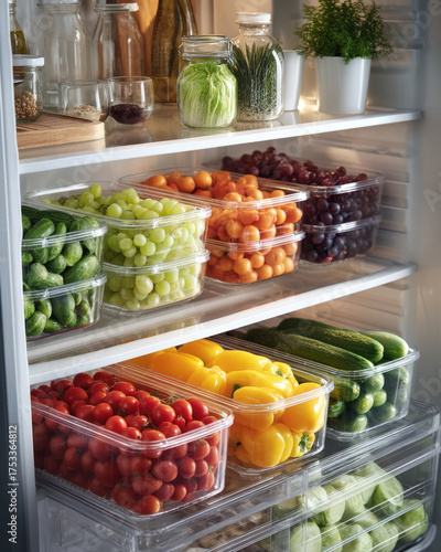 Organized refrigerator interior with clear bins of fresh fruits and vegetables