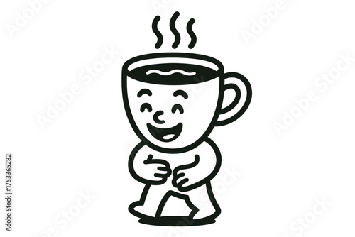 Cheerful walking coffee mug mascot with steam rising from hot beverage