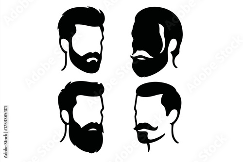 Four distinct male head profiles showcasing various modern beard and mustache styles