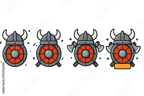 Set of four stylized Viking warrior emblems with horned helmets and shields