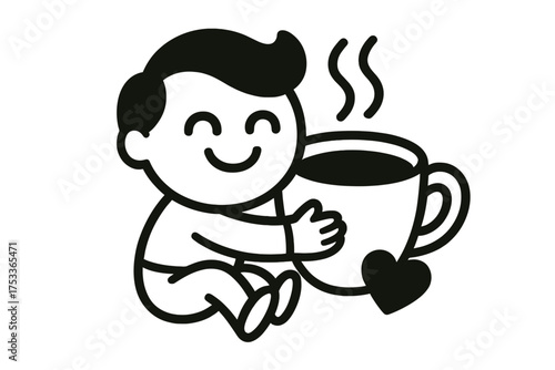 Cute baby happily hugging a giant steaming coffee mug with a heart design