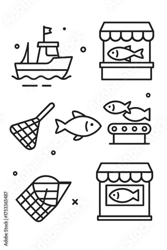 Commercial fishing, seafood processing, market stalls, and marine harvest tools