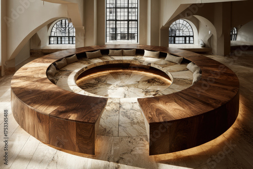 Wooden lazy susan on marble countertop with soft natural window light and circular shadow