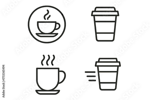 Outline icons set of hot coffee cups, steaming mugs, and disposable takeaway containers