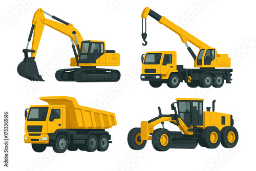 Heavy construction vehicles set: excavator, dump truck, mobile crane, and road grader