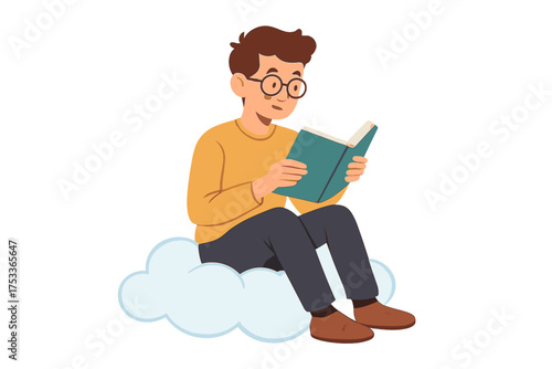 Young man wearing glasses sitting comfortably on a fluffy cloud while deeply engrossed in reading an open book