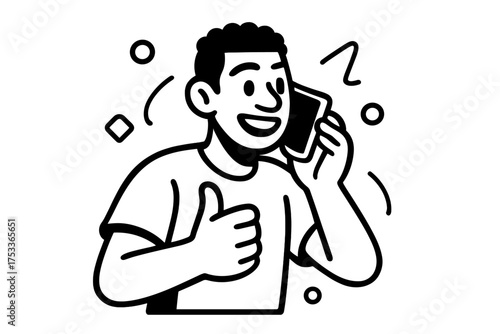 Happy young man talking on a mobile phone and showing a positive thumbs up gesture