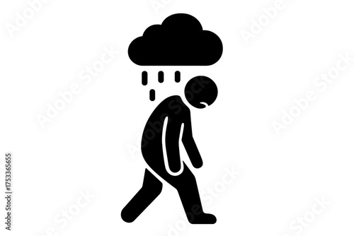 Symbol of sadness and stress showing a figure walking under a dark rain cloud