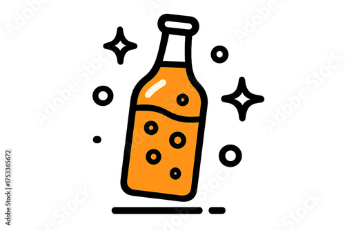Isolated sparkling glass bottle filled with fizzy orange soda beverage for refreshment