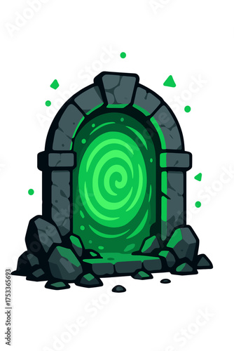 Ancient stone archway portal with glowing green swirling energy effect surrounded by dark rocks