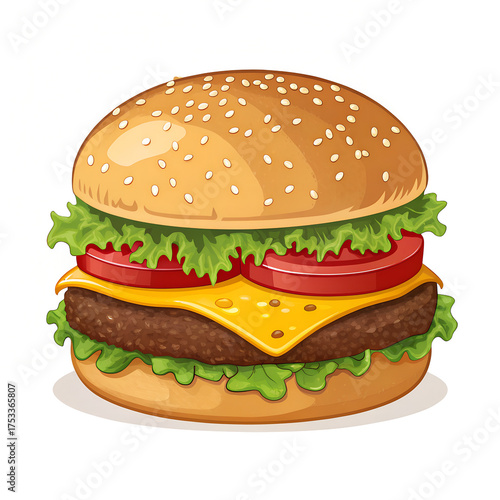 Cartoon style illustration of a delicious burger with fresh ingredients
