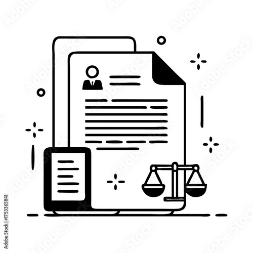 Vector art of legal documents and scales of justice, representing law and legal matters