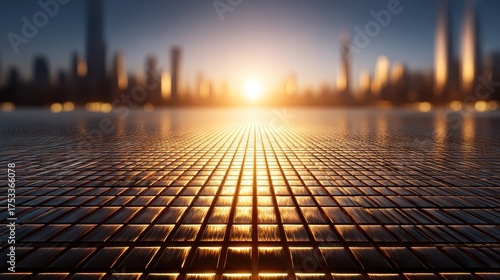 Sun sets behind city skyline, reflecting on textured ground.