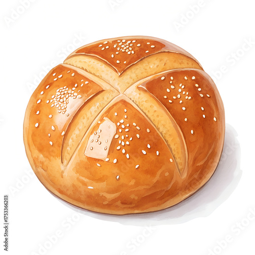Watercolor illustration of a delicious kaiser roll topped with sesame seeds