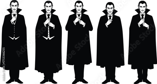 Classic Vampire Character in Formal Attire Holding Cape – Halloween Vector Set Featuring Dracula Pose, Gothic Style, and Symmetrical Design