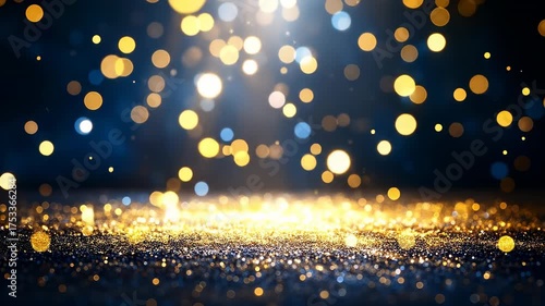 Wallpaper Mural Sparkling gold glitter floor with bright bokeh lights against a dark blue background, creating a festive glow Torontodigital.ca