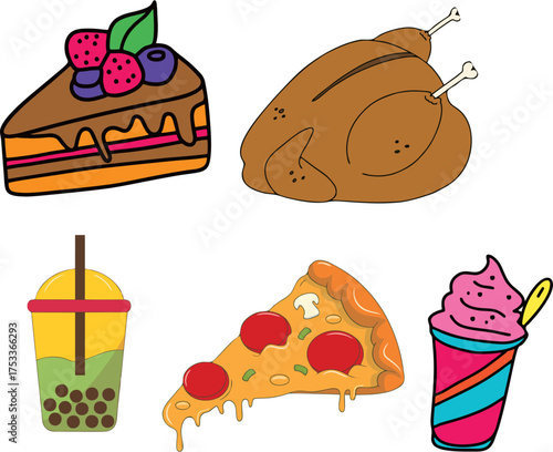 A vector of Various Food with Drawing style