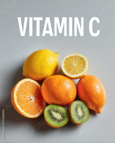 Minimalist nutrition poster with vitamin C headline and fresh fruit arrangement