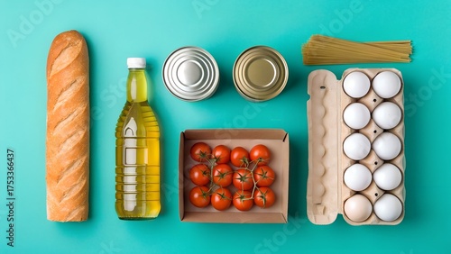 Essential food items arranged on a turquoise background top down view