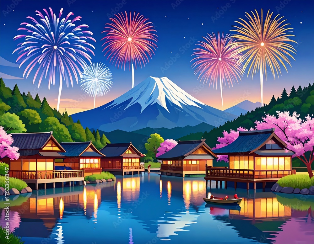 Obraz premium Animated fireworks erupt over a tranquil mountain and lakeside village