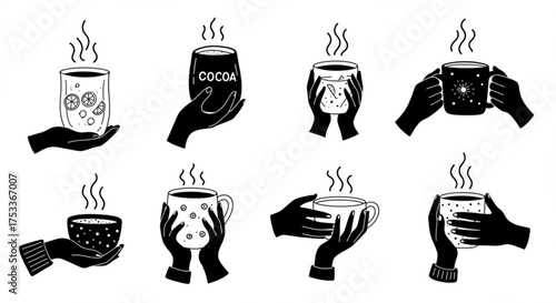 Cozy Winter Drinks Silhouette Set: Steaming Mug, Cocoa, Coffee, Holiday Warmth Vector	