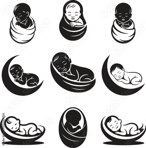 Collection of stylized illustrations of newborn babies in swaddles and cradles