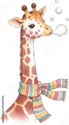 Cute Watercolor Style Giraffe Blowing Bubbles Wearing Winter Scarf Illustration