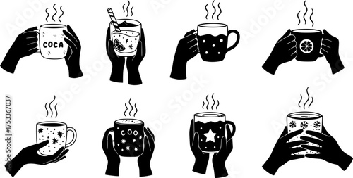 Cozy Winter Drinks Silhouette Set: Steaming Mug, Cocoa, Coffee, Holiday Warmth Vector	