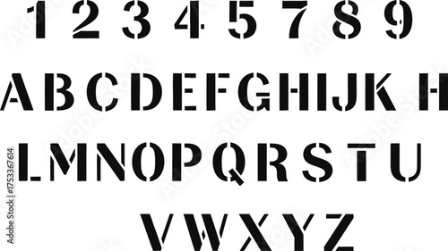 Stencil Alphabet Font with Numbers, Uppercase Characters on White Background