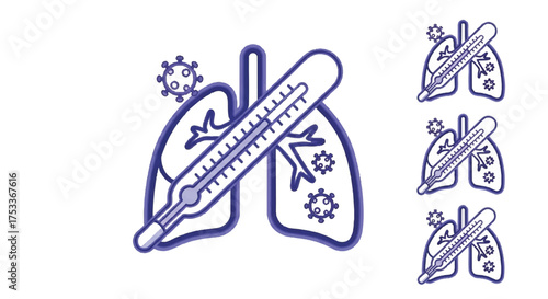 Illustration of lungs with thermometer and viruses, crossed out by slashes on white background.