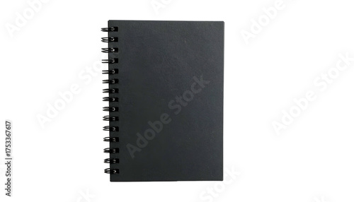 A black rectangular notepad with a spiral binding on a solid black background, top-down view