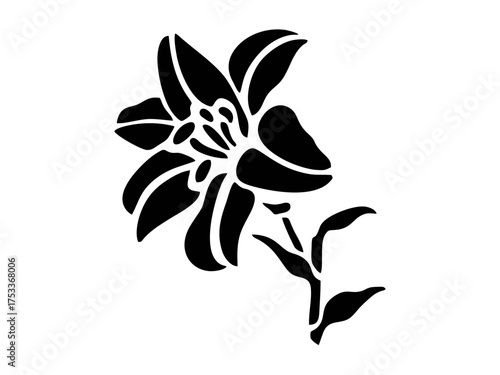 Vector isolated one lily flower with a stem side view  silhouette black and white stencil art craft print hand made decoration