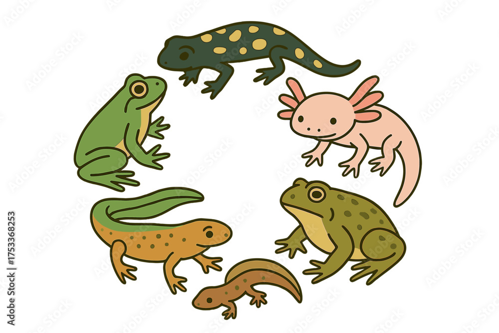 Fototapeta premium Colorful group of diverse amphibians including frogs, salamanders, newts, and axolotl